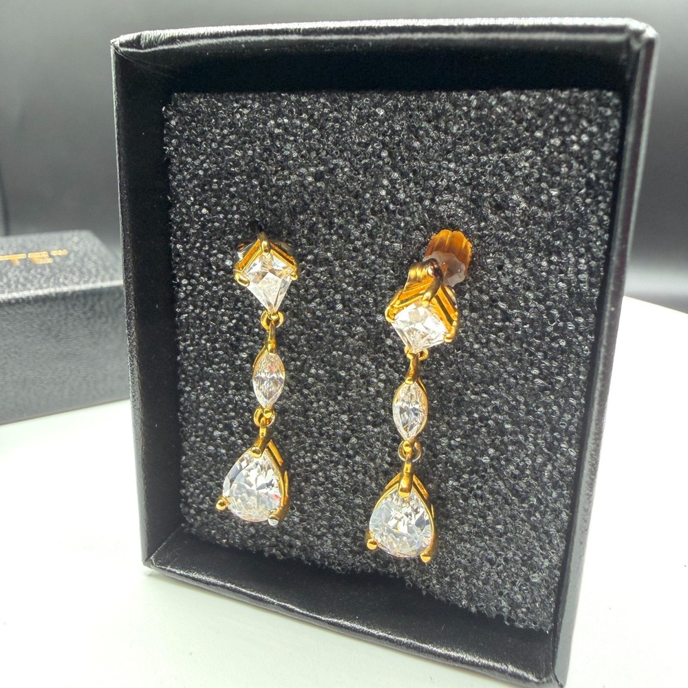 Gold Tone Clear Crystal CZ Long Drop Dangle Earrings Pear Marquise Kite Pierced